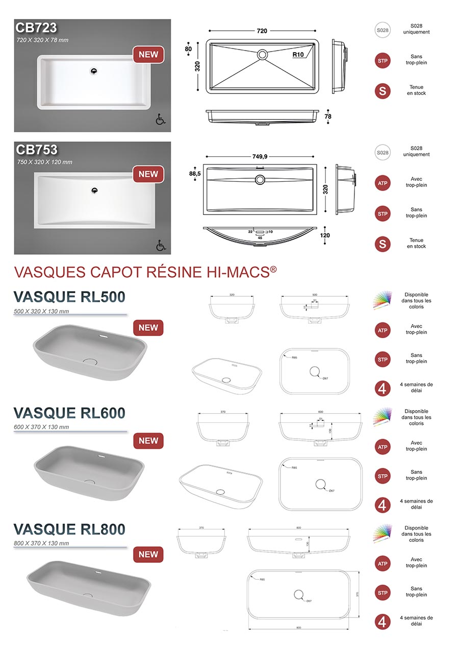 Pierre acrylique - Gamme cuves Hi-Macs